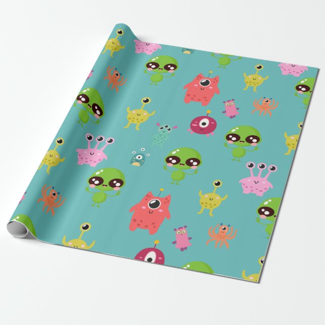 Space Cute Aliens Wrapping Paper (Unrolled)