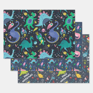 Space Dino Wrapping Paper Flat Sheet Set of 3