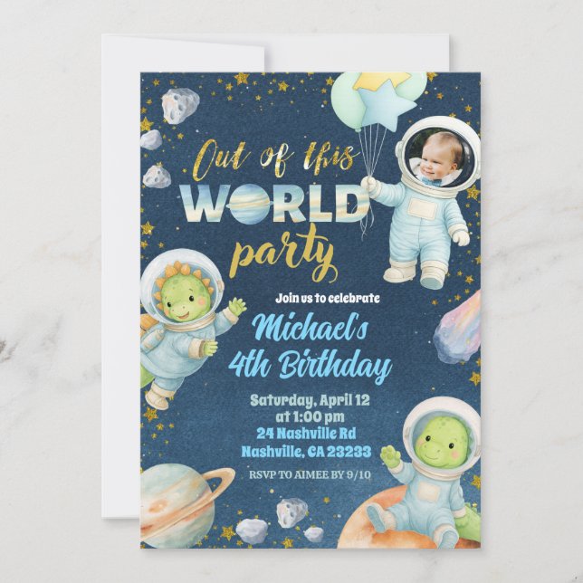 Space Dinosaur Birthday Invitation with photo (Front)