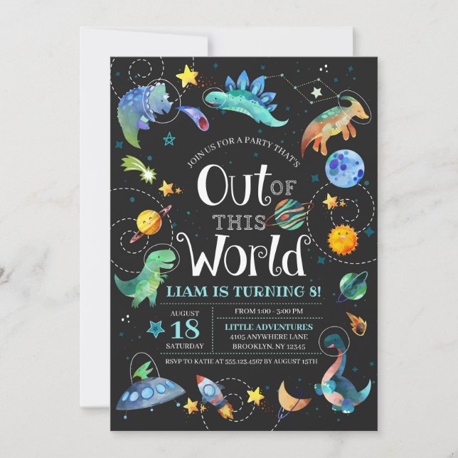 Space Dinosaur Out Of This World Galaxy Birthday Invitation (Front)