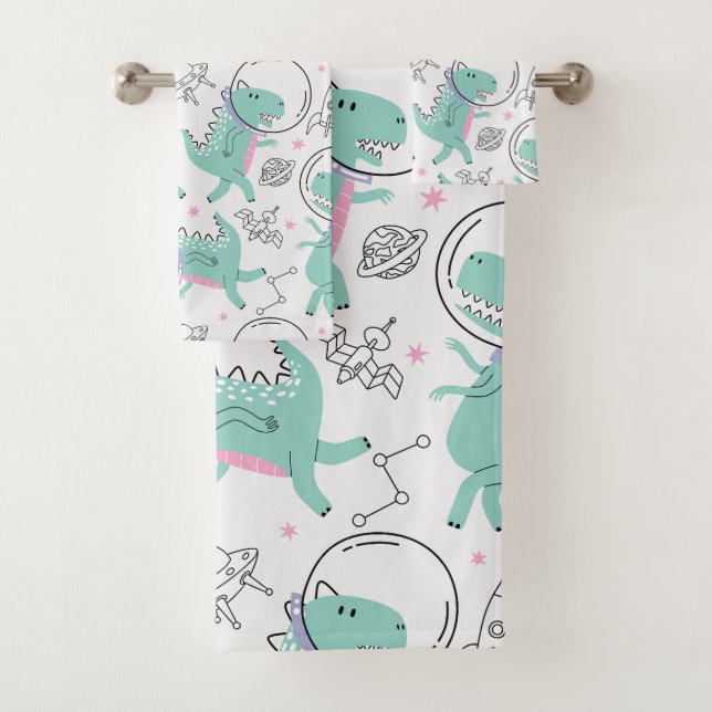 Space Dinosaurs, Cute Dinosaurs, Space Ship, Stars Bath Towel Set (Insitu)