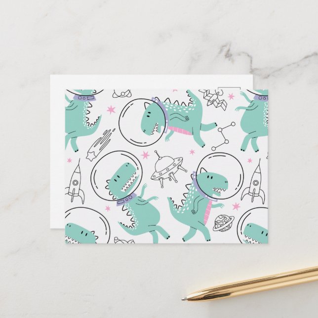 Space Dinosaurs, Cute Dinosaurs, Space Ship, Stars Postcard (Front/Back In Situ)