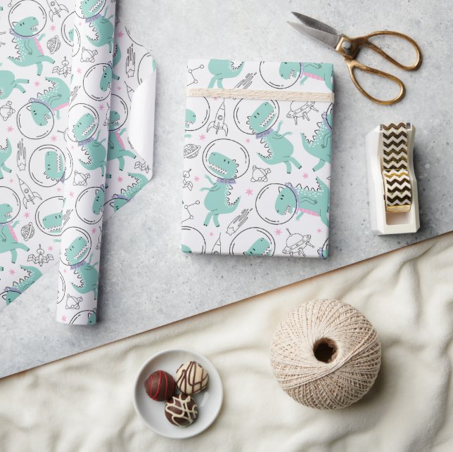 Space Dinosaurs, Cute Dinosaurs, Space Ship, Stars Wrapping Paper (Crafts)