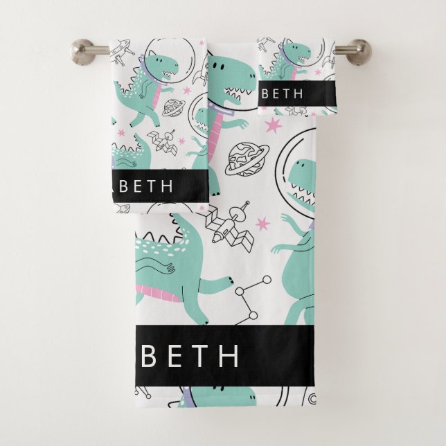 Space Dinosaurs, Cute Dinosaurs, Stars, Your Name Bath Towel Set (Insitu)