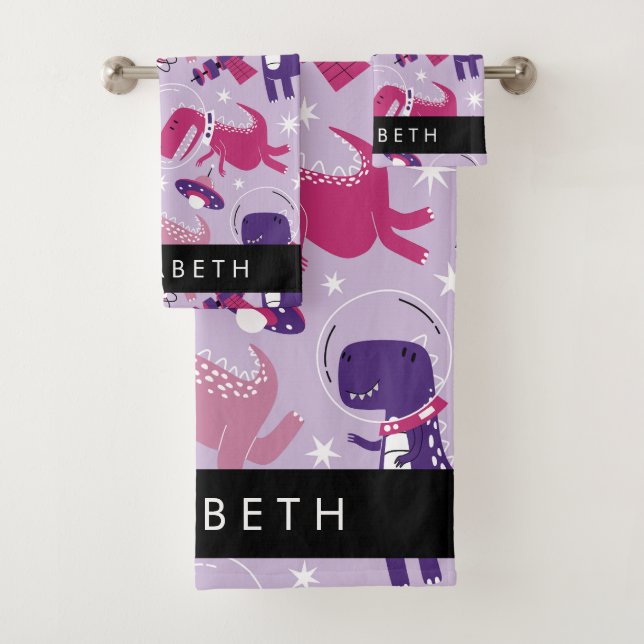 Space Dinosaurs, Cute Dinosaurs, Stars, Your Name Bath Towel Set (Insitu)