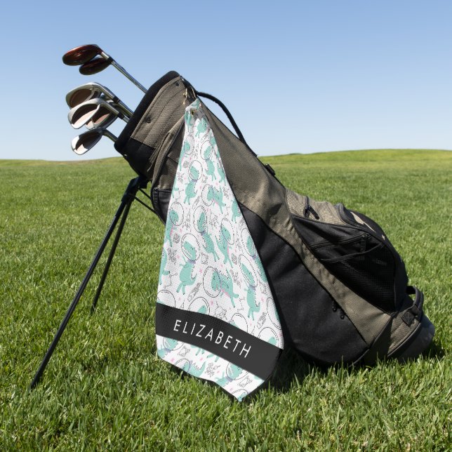 Space Dinosaurs, Cute Dinosaurs, Stars, Your Name Golf Towel (Green)