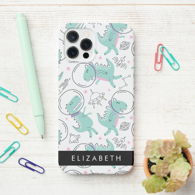 Space Dinosaurs, Cute Dinosaurs, Stars, Your Name iPhone Case (On Desk)