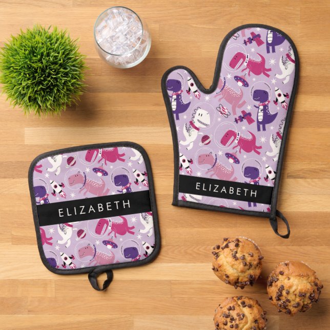 Space Dinosaurs, Cute Dinosaurs, Stars, Your Name Oven Mitt & Pot Holder Set (Top Down)