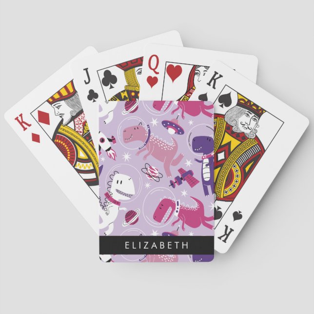 Space Dinosaurs, Cute Dinosaurs, Stars, Your Name Playing Cards (Back)