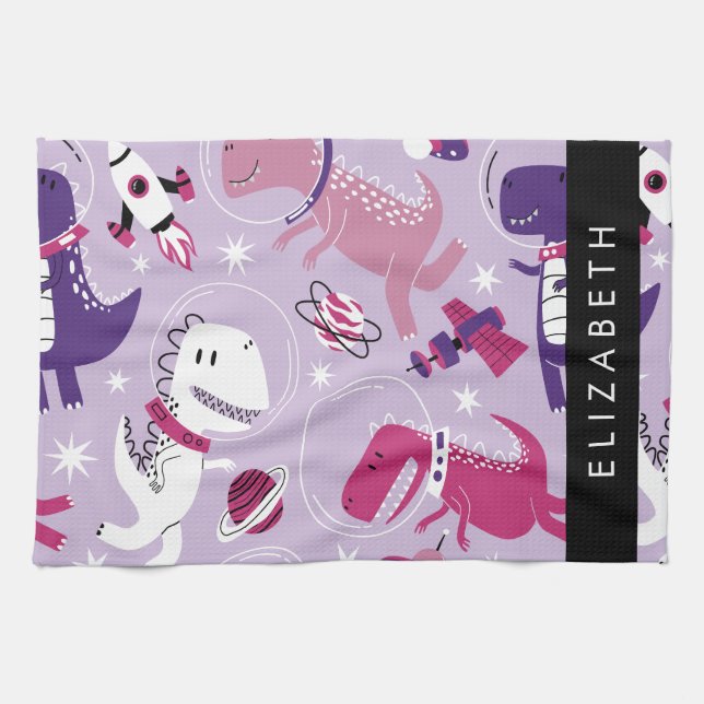 Space Dinosaurs, Cute Dinosaurs, Stars, Your Name Tea Towel (Horizontal)