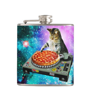 Space dj cat pizza hip flask
