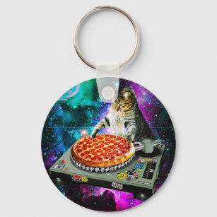 Space dj cat pizza key ring