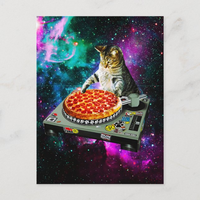Space dj cat pizza postcard (Front)