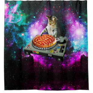 Space dj cat pizza shower curtain
