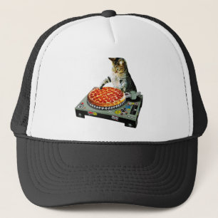 Space dj cat pizza trucker hat