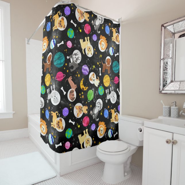 Space Dogs Watercolor Astronaut Puppies Shower Curtain (In Situ)