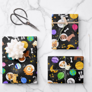 Space Dogs Watercolor Astronaut Puppies Wrapping Paper Sheet