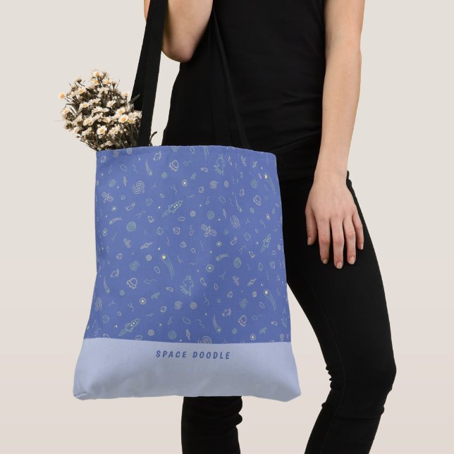 Space Doodle Lavender Blue Personalised Name Tote Bag (Close Up)