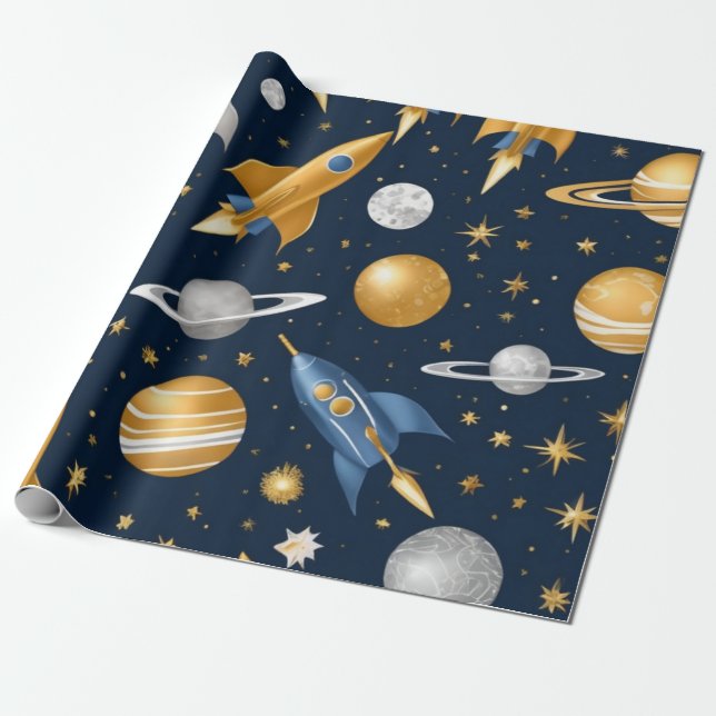 Space exploration golden rockets, silver planets wrapping paper (Unrolled)