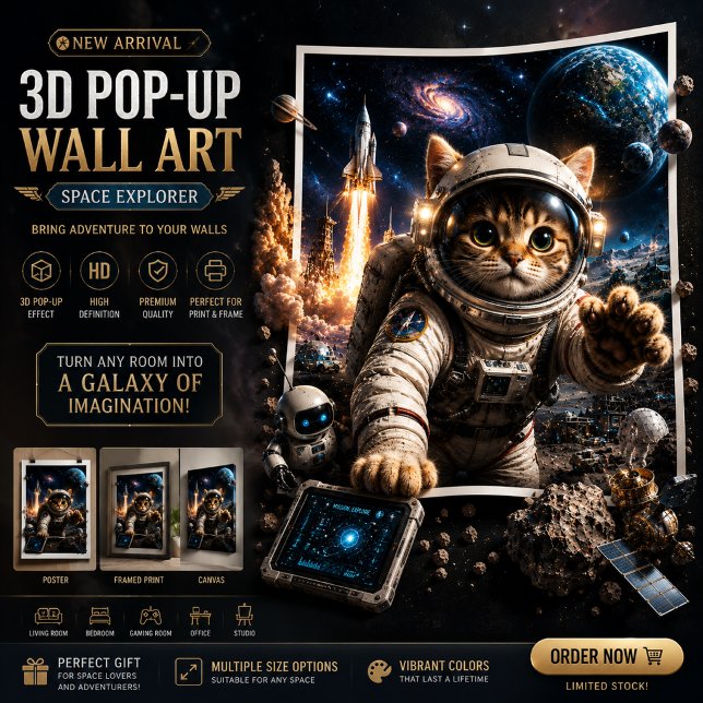 Space Explorer Cat 3D Pop-Up Wall Art Poster (Creator Uploaded)