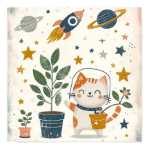 Space Explorer cat Astronaut Kids Room Wall Art