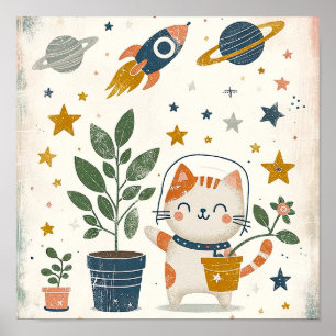 Space Explorer cat Astronaut Kids Room Wall Art