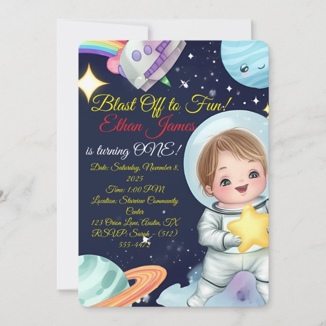 Space Explorer First Birthday Invitation (Front)