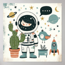 Space Explorer Girl Kids Room Wall Art