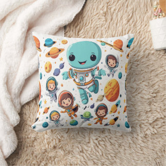 Space Explorer Kids with Cute Aliens and Planets Cushion