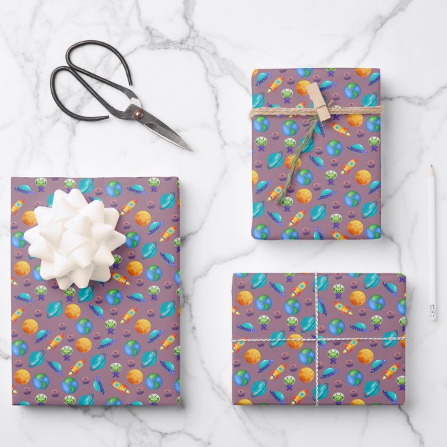Space Explorers on Dark Grey-Pink Wrapping Paper Sheet (Front)