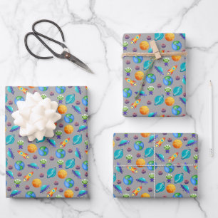 Space Explorers on Grey Wrapping Paper Sheet