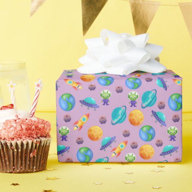 Space Explorers on Lavender Purple Wrapping Paper (Birthday Party)
