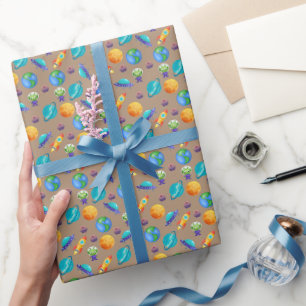 Space Explorers on Light Brown Wrapping Paper