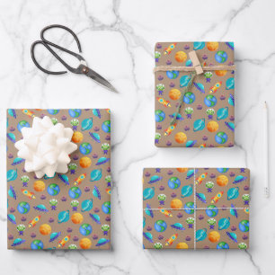 Space Explorers on Light Brown Wrapping Paper Sheet