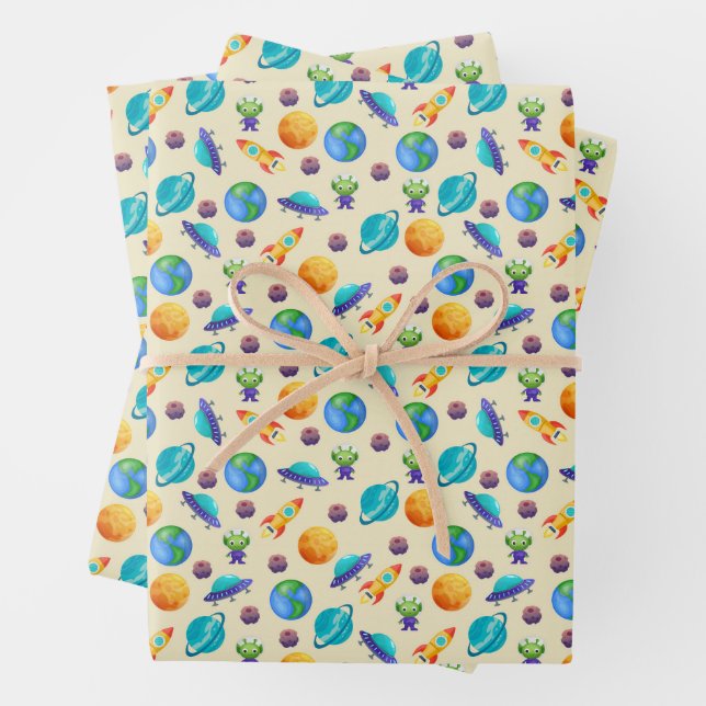 Space Explorers on Pale Yellow Wrapping Paper Sheet (In situ)