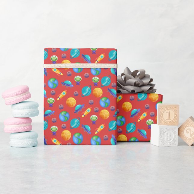 Space Explorers on Red Wrapping Paper (Baby Shower)