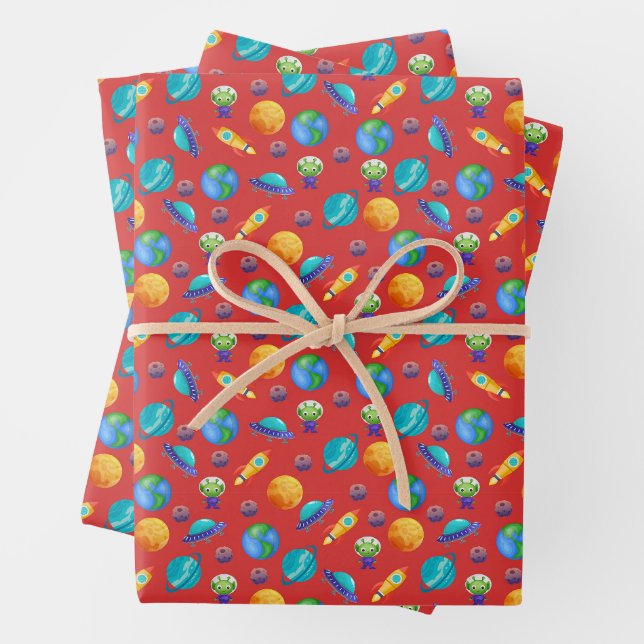 Space Explorers on Red Wrapping Paper Sheet (In situ)