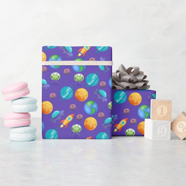 Space Explorers on Royal Blue Wrapping Paper (Baby Shower)