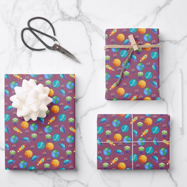 Space Explorers on Ruby Purple Wrapping Paper Sheet (Front)