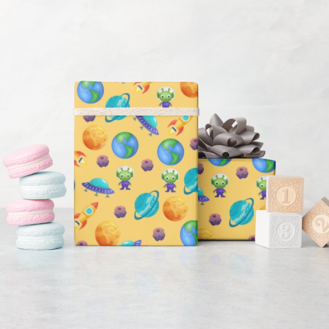 Space Explorers on Yellow Wrapping Paper (Baby Shower)