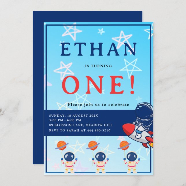 Space First Birthday Invitation – One Year Old Boy (Front/Back)