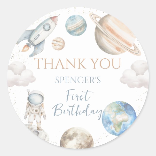 Space First Trip Around Sun Boy 1st Birthday Classic Round Sticker (Front)