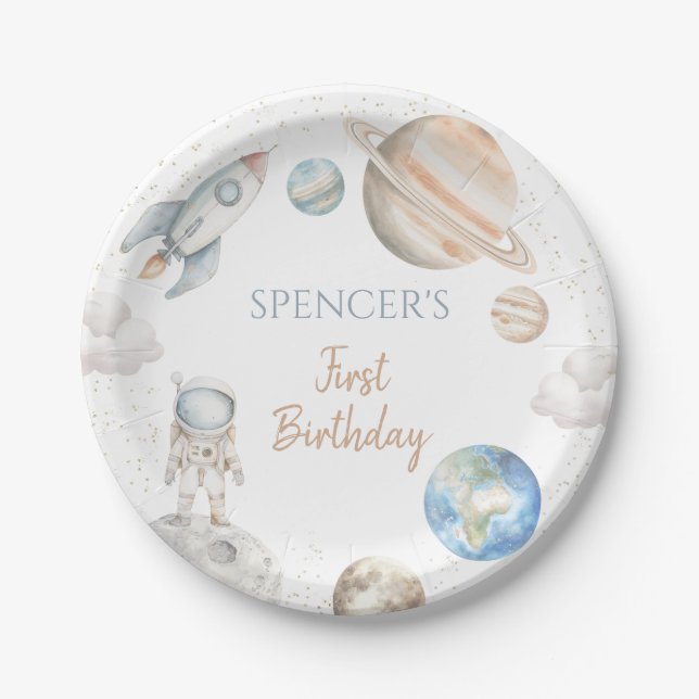 Space First Trip Around Sun Boy 1st Birthday Paper Plate (Front)
