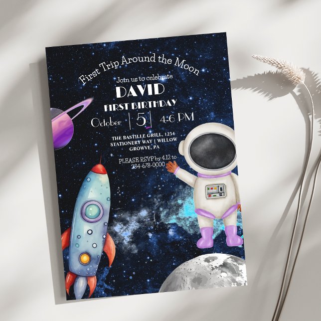 Space First Trip Around the Moon 1st Birthday   Invitation (Creator Uploaded)
