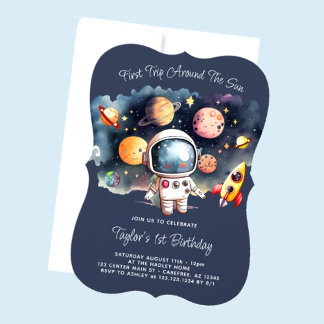Space First Trip Around The Sun 1st Birthday Invitation