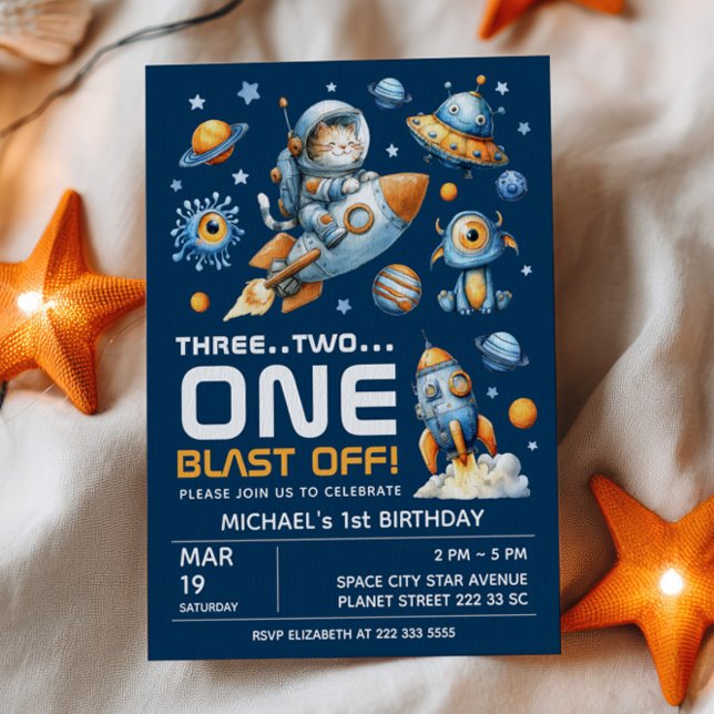 Space Galaxy Astronaut Cat Blast Off 1st Birthday Invitation (Creator Uploaded)