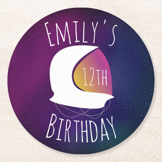Space Galaxy Astronaut Purple Ombre Birthday Party Round Paper Coaster (Front)
