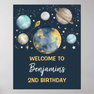 Space Galaxy Birthday Party Navy Gold Welcome Poster