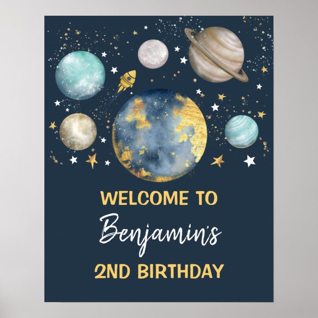 Space Galaxy Birthday Party Navy Gold Welcome Poster (Front)