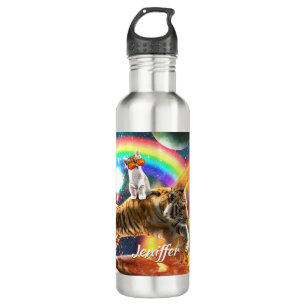 Space Galaxy Cat Riding Tiger on Pizza             710 Ml Water Bottle